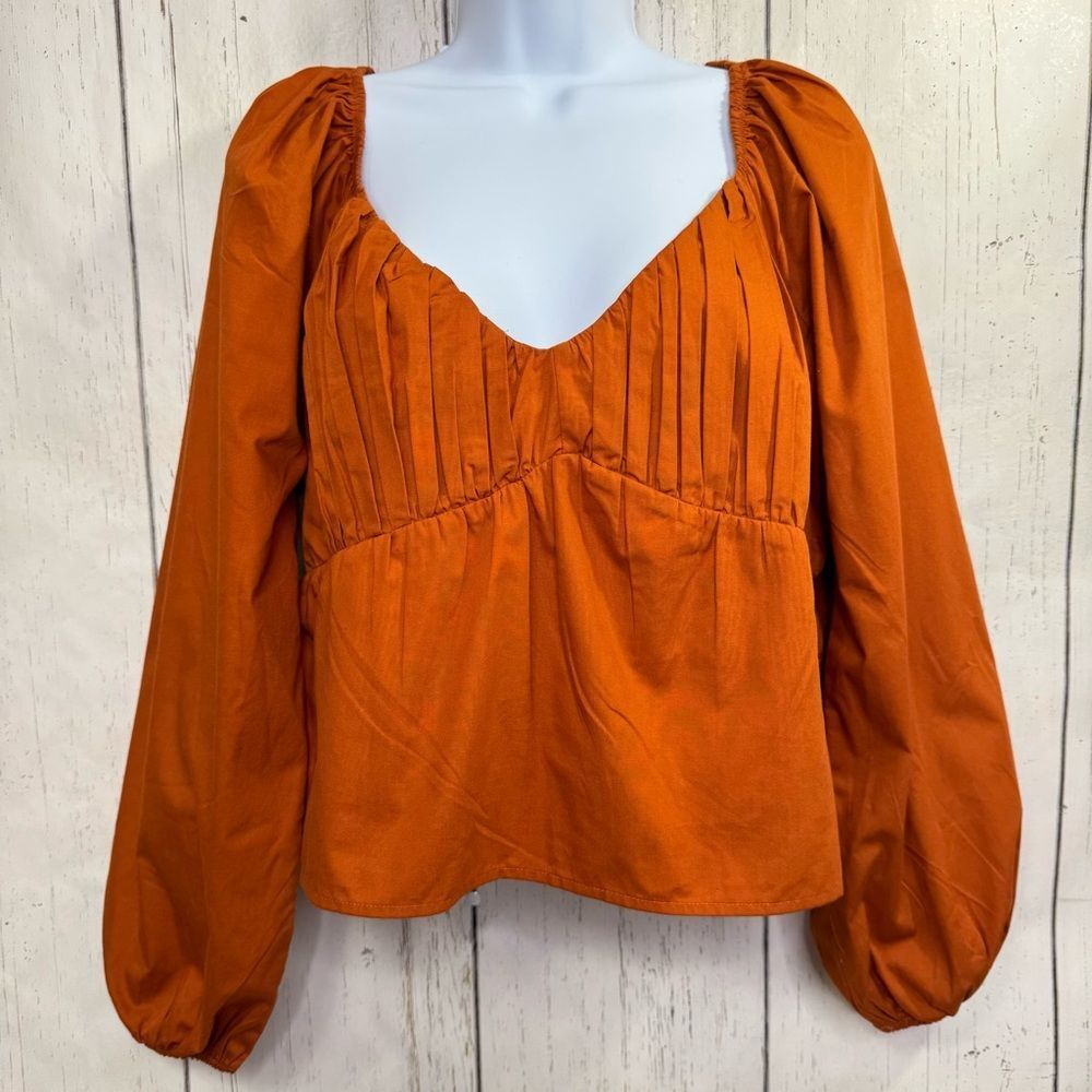 Abercrombie & Fitch Burnt Orange Smocked Peasant Blouse Puff Sleeve Size L Boho
